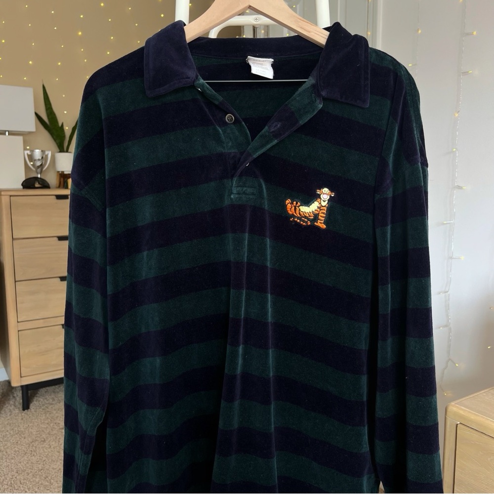 Vintage The Disney Catalog Tigger Velour Rugby Polo Collared Henley Green Navy